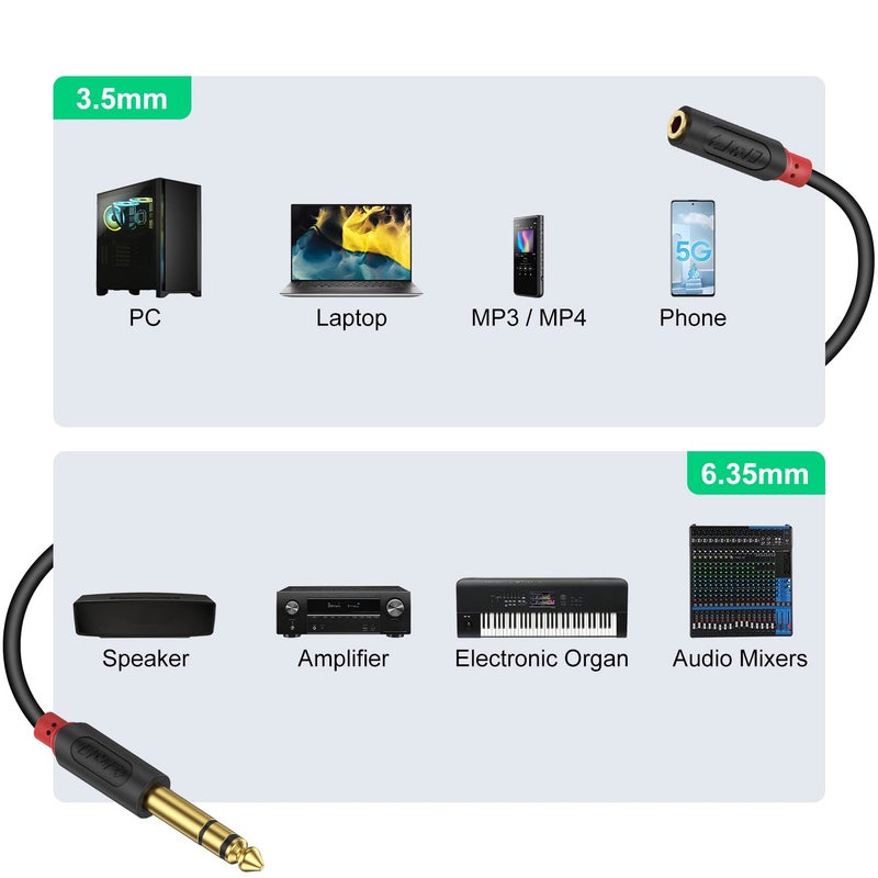 J&D 3.5mm to 1/4 Headphone Adapter Cable, Gold Plated Audiowave Series 3.5mm 1/8 inch Female TRS to 6.35mm 1/4 inch Male TRS Stereo Audio Cable for Mixer Guitar Piano Amplifier Speaker, 15FT - Image 4